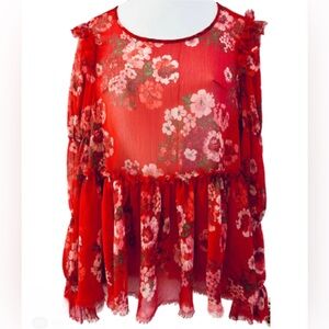 ASOS Tunic Top women’s sz 16 Orange/Red boho Floral Sheer, raw edges/ruffles EUC